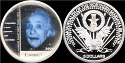 Северные Марианские о-ва, 5 долларов, серебро, с голограмой А.Эйнштейна, 2004, Proof
