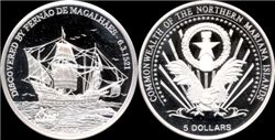 Северные Марианские о-ва, 5 долларов, серебро, 2004, корабль Магеллана, proof