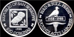 Сан Сериф Республика, 100 коронас, 1988, серебро, proof